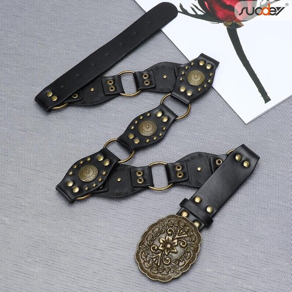 Women's Vintage Cowgirl Rivets Belt Western Leather Belts A-Black Style Dress - Picture 5 of 6